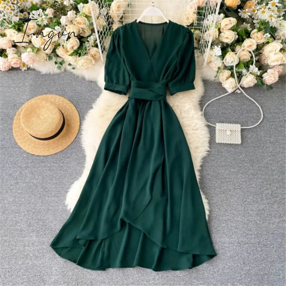 Ingvn - Women Summer Midi French Dress Sweet V-Neck Puff Sleeve High Waist Elegant Solid Woman Dresses Female Clothing New Year
