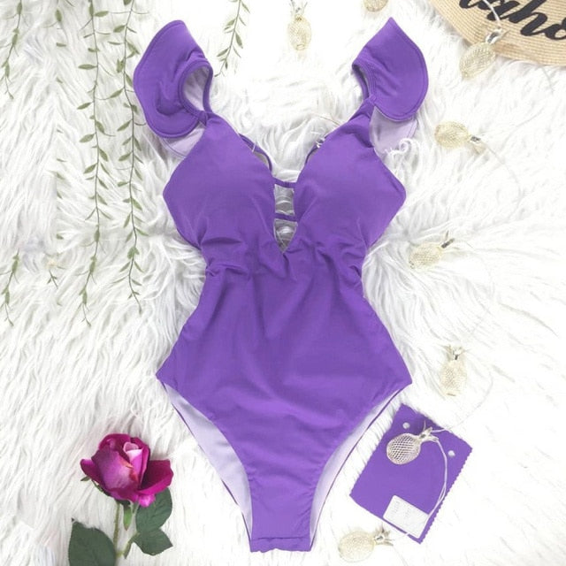 New Sexy Ruffle Print Floral One Piece Swimsuit Off The Shoulder Swimwear Women Solid Deep-V Beachwear Bathing Suit Monkini