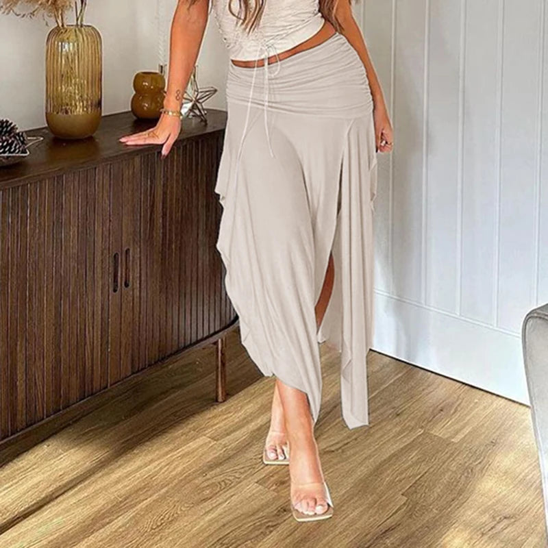 Folds Split Long Skirt Low Rise Loose A-line Midi Skirts For Women Casual y2k Fashion Ladies Holiday Outfits Harajuku 90s