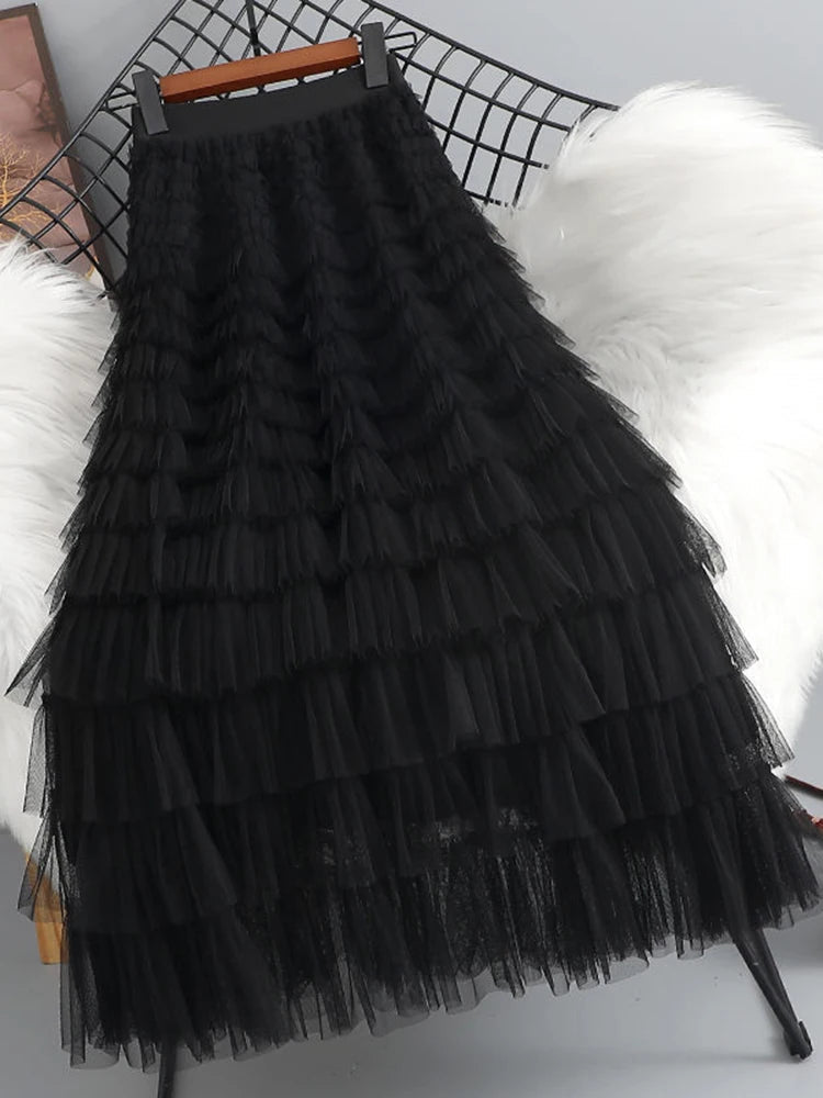 Summer Elegant Women Tulle Skirt Korean Fashion Mesh A Line Ladies Cake Skirt High Waist Loose Party Female Skirts New