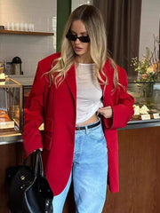 Ingvn  Women's Red Suit Temperament Shoulder Pads Loose Coat Collar Pocket Casual Cardigan Fashion Office Ladies Suit Jacket