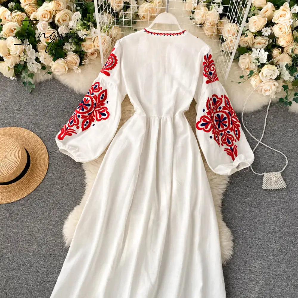 Ingvn - Women Autumn Dresses Bohemian Embroidered Flower O-Neck Lantern Sleeve High Waist Pleated Dress All-match Female Vestidos GK393