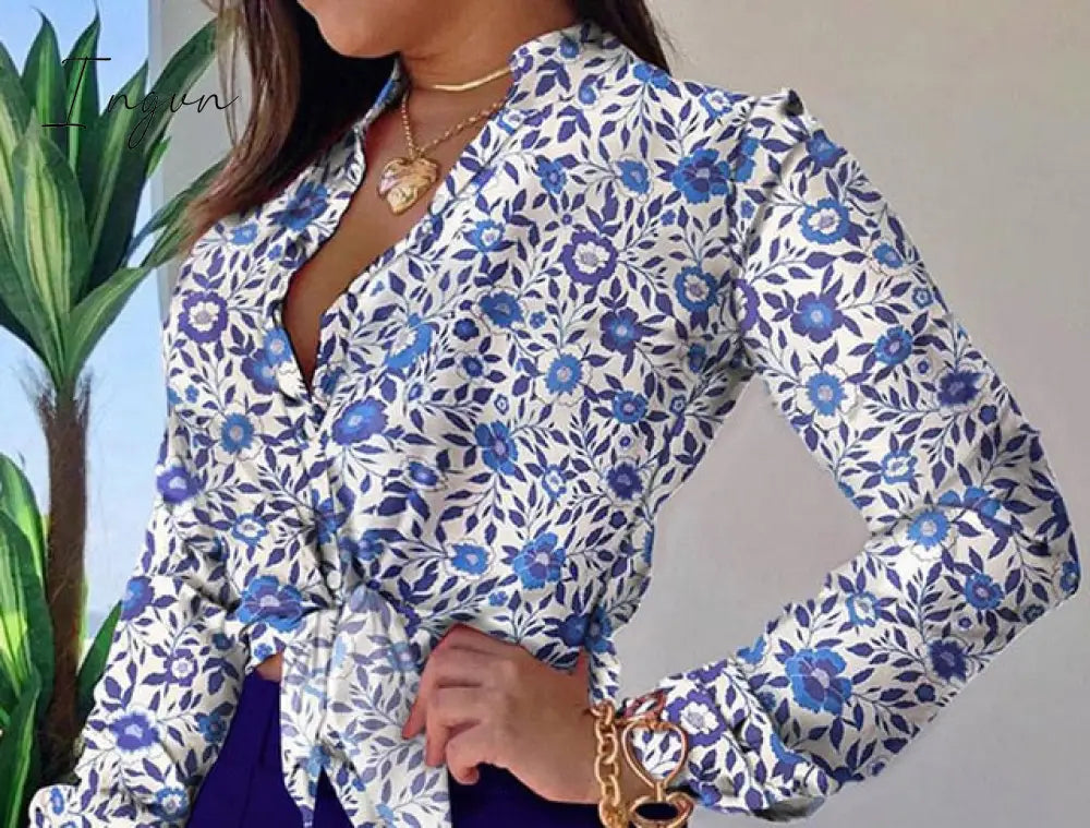 Ingvn - Women Long Sleeve Floral Printed Tie Knot Top Blouse Casual Spring Shirts Female