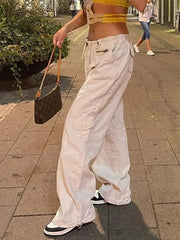 Ingvn - Women Spring Fashion Multi Pockets White Cargo Pants Women Adjustable Low Waist Baggy Wide Leg Jeans Oversized Casual Trousers Retro Bottoms Iamhotty