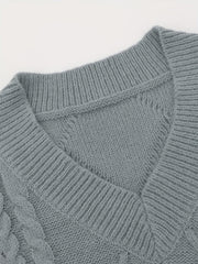 Cozy Plus Size Cable Knit Vest - Women's Solid V Neck Medium Stretch Sweater - Soft, Casual, and Comfortable for Daily Wear