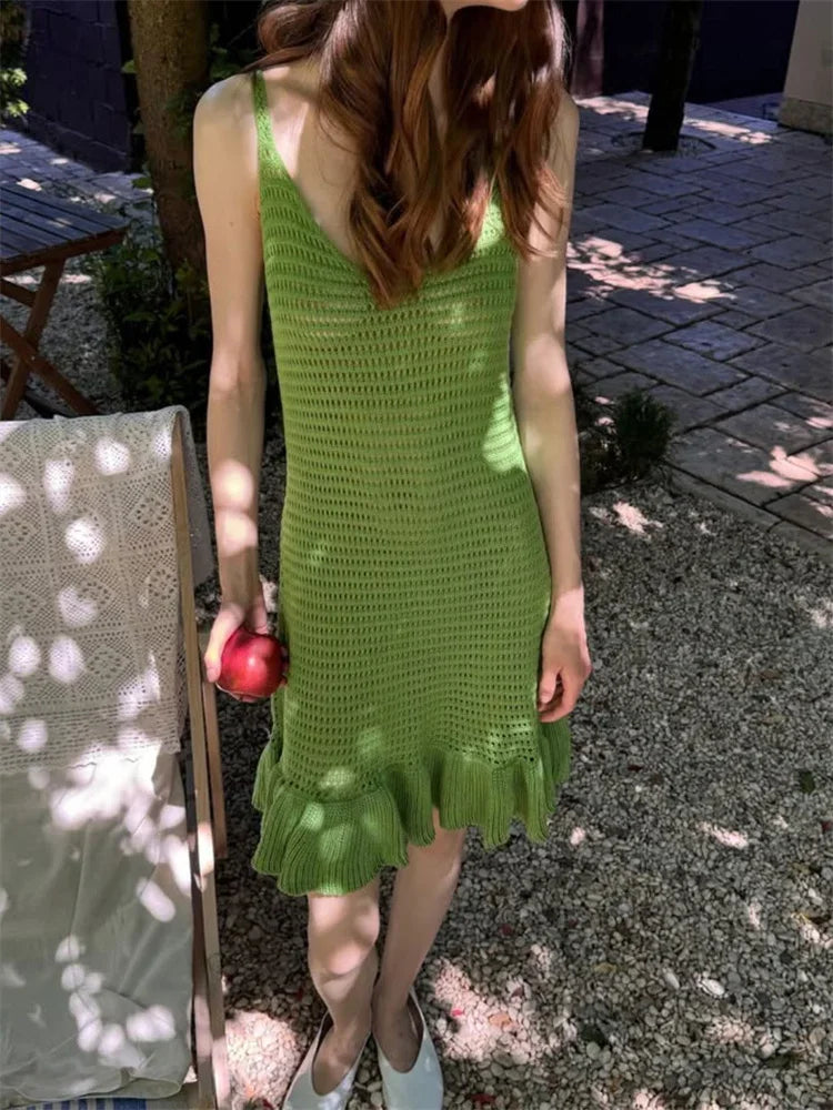 Knit Ruffled Hollow Out Mini Dress Female V-Neck See-Through Holiday Beach Casual Clothes Summer Women's Knitwear Dress