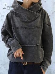 Ingvn - Loose Fit Washed Effect Solid Color Denim Hooded Sweatshirt