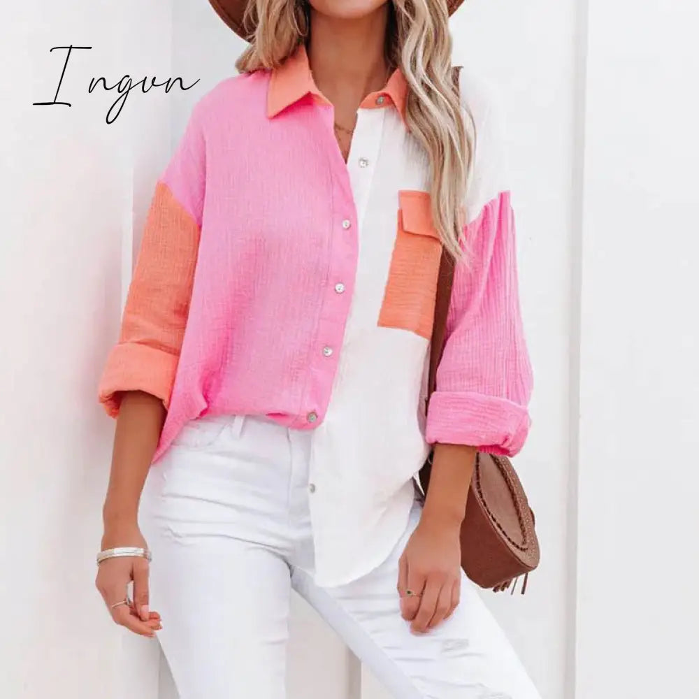 Ingvn - New Spring Summer Fashion Women New Patchwork Shirt Elegant Commute Contrast Lapel Buttons Cardigan Streetwear Ladies Casual Blouses