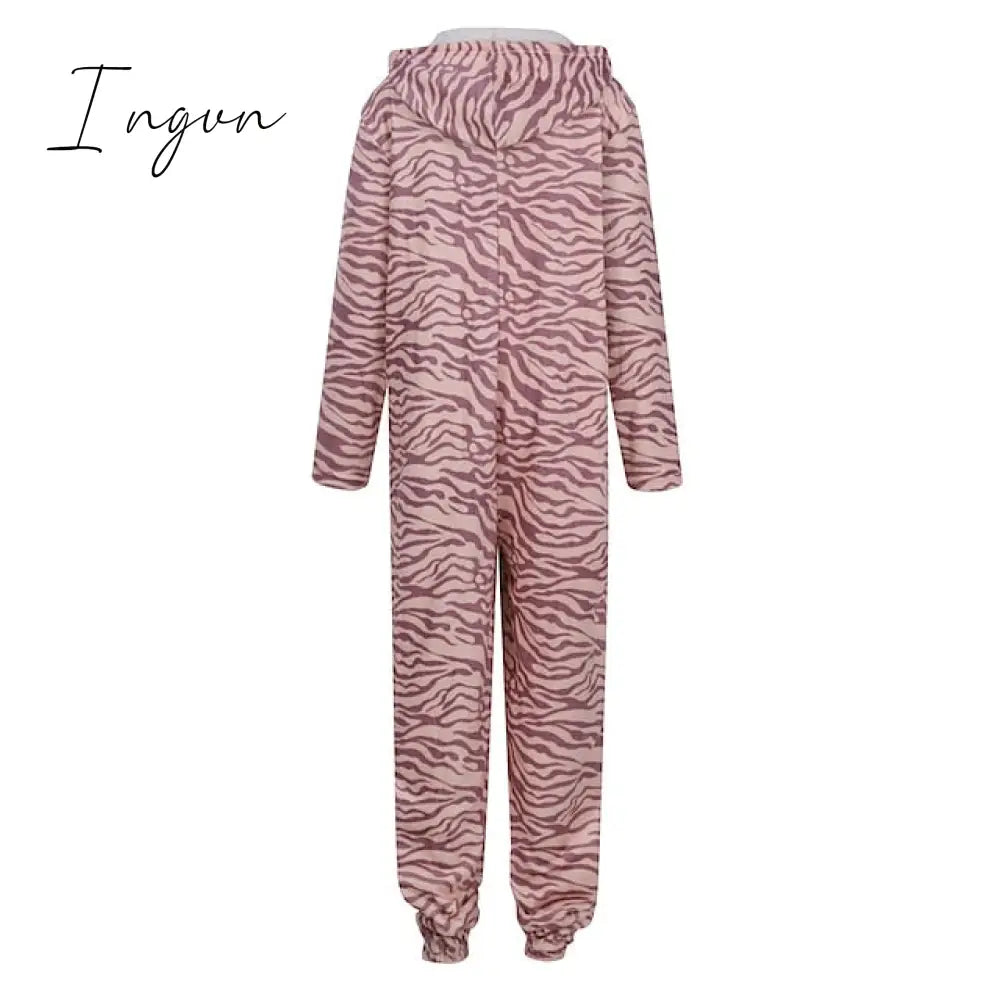 Ingvn - Women's Pajamas Jumpsuit Leopard Star Warm Comfort Plush Home Christmas Flannel Warm Breathable Hoodie Long Sleeve Pocket Fall Winter Leopard Print Moon blue