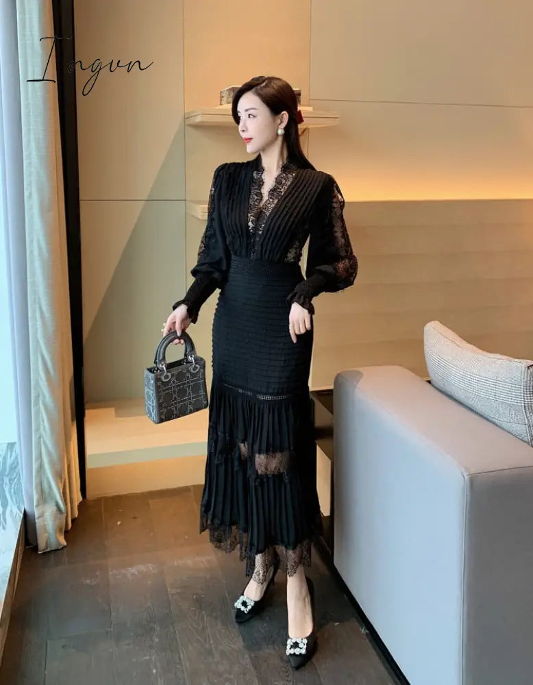 Ingvn - Summer Sexy Party Dress Women Single Breasted Long Sleeve Layer Ruffle Flower Embroidery Lace Tulle Maxi Dress Robe