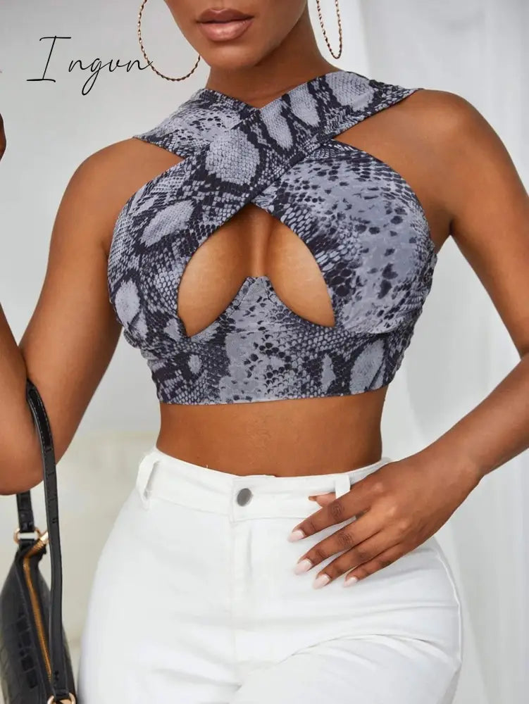 Ingvn - Women's Criss Cross Tank Tops Sexy Sleeveless Solid Color Cutout Front Crop Tops Party Club Streetwear Summer Lady Bustier Tops