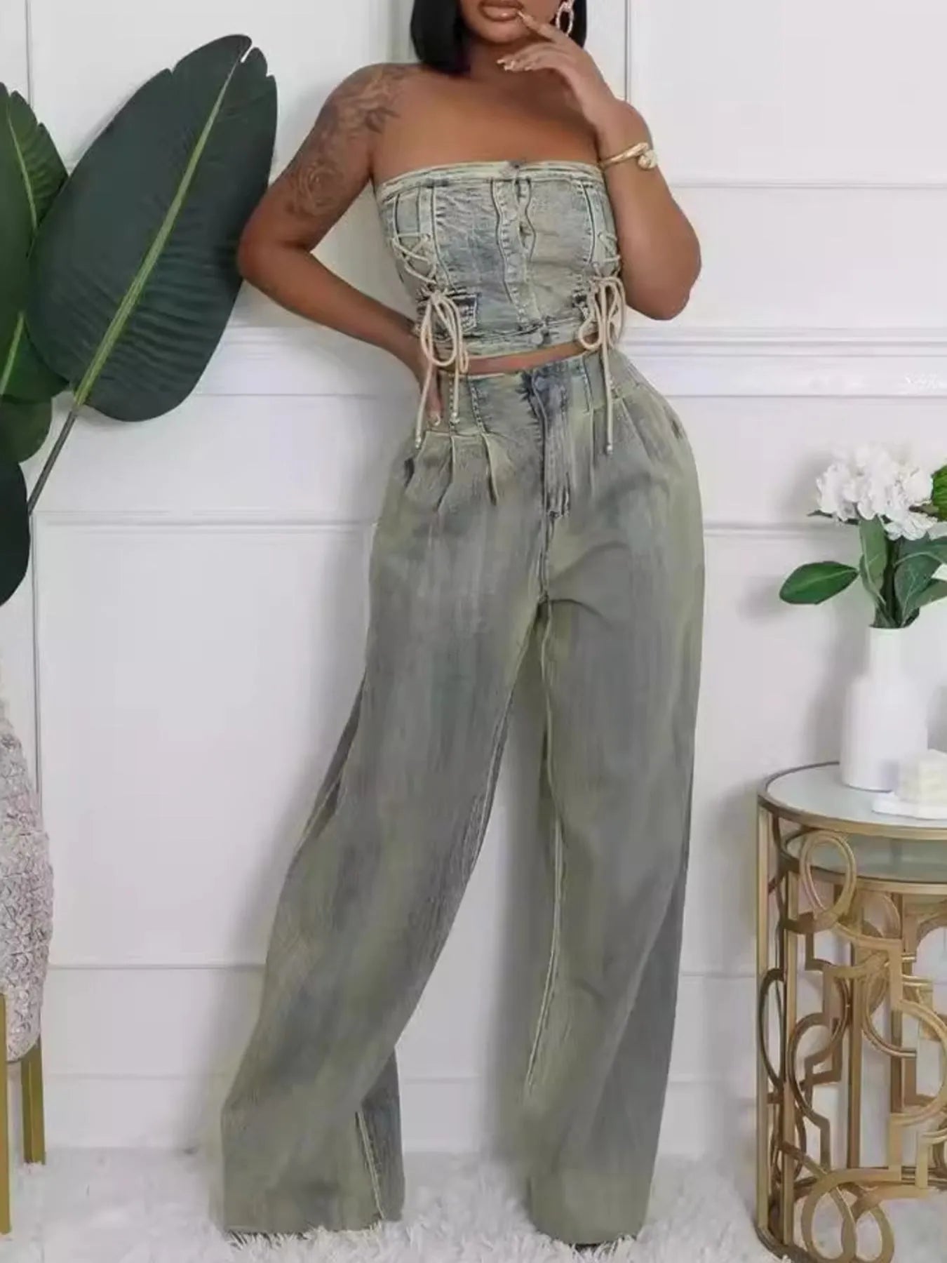 Smocked Tube Top and Jeans Denim Set
