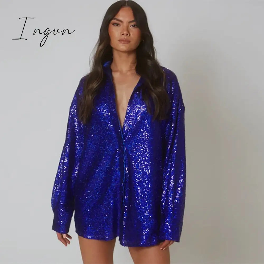 Ingvn - Turn-down Collar Bright Silk Women Blouses Red Long Sleeve Elegant Loose Blouses Women Spring Fashion Casual Streetwear Ingvn