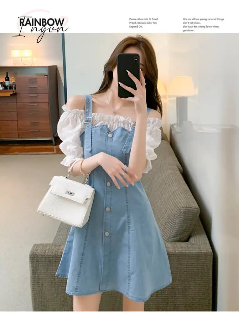 Ingvn - Denim Dress Fashion Lantern Sleeve Woman Dresses Clothes Gauze Patchwork Vestidos Ruffles Korean Off Shoulder Robe