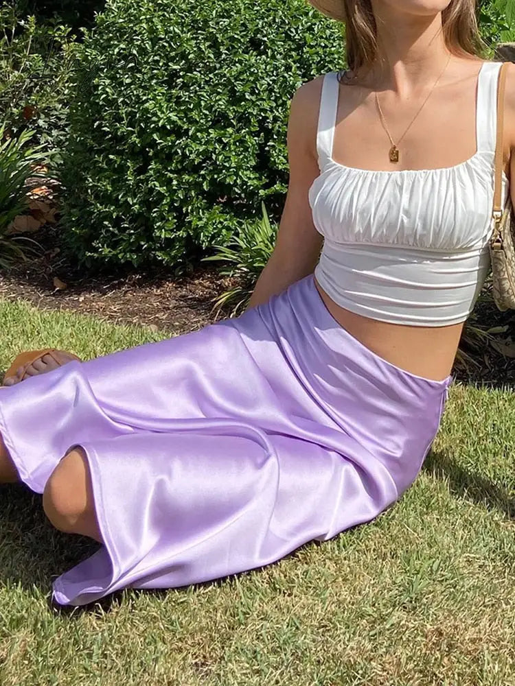 Ingvn - Solid Purple Satin Silk Skirt Women High Waisted Summer Long Skirt New Elegant Ladies Office Skirts Midi Spring
