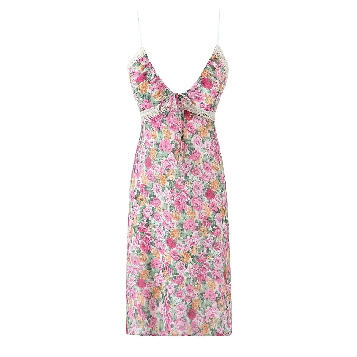 New Women Lace Spliced Floral Print Spaghetti Strap Sexy Dress Sleeveless V Neck Female Holiday Summer Dress Short