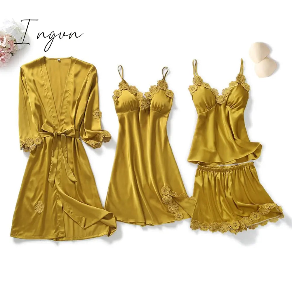 Ingvn - Yellow Robes Suit Autumn Women Nightgown Sets 2 Pieces Nightdress Bathrobe With Chest Pad Female Satin Kimono Bath Gown Sleepwea