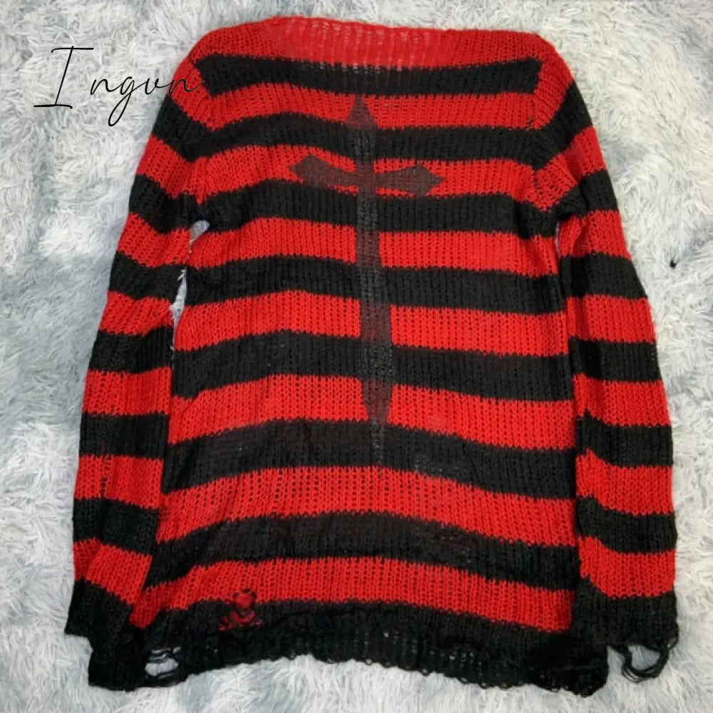 Ingvn - Plus Size Punk Gothic Long Unisex Sweater Dress Cool Hollow Out Hole Broken Jumper Loose Rock Thin Sweter Women Man Striped
