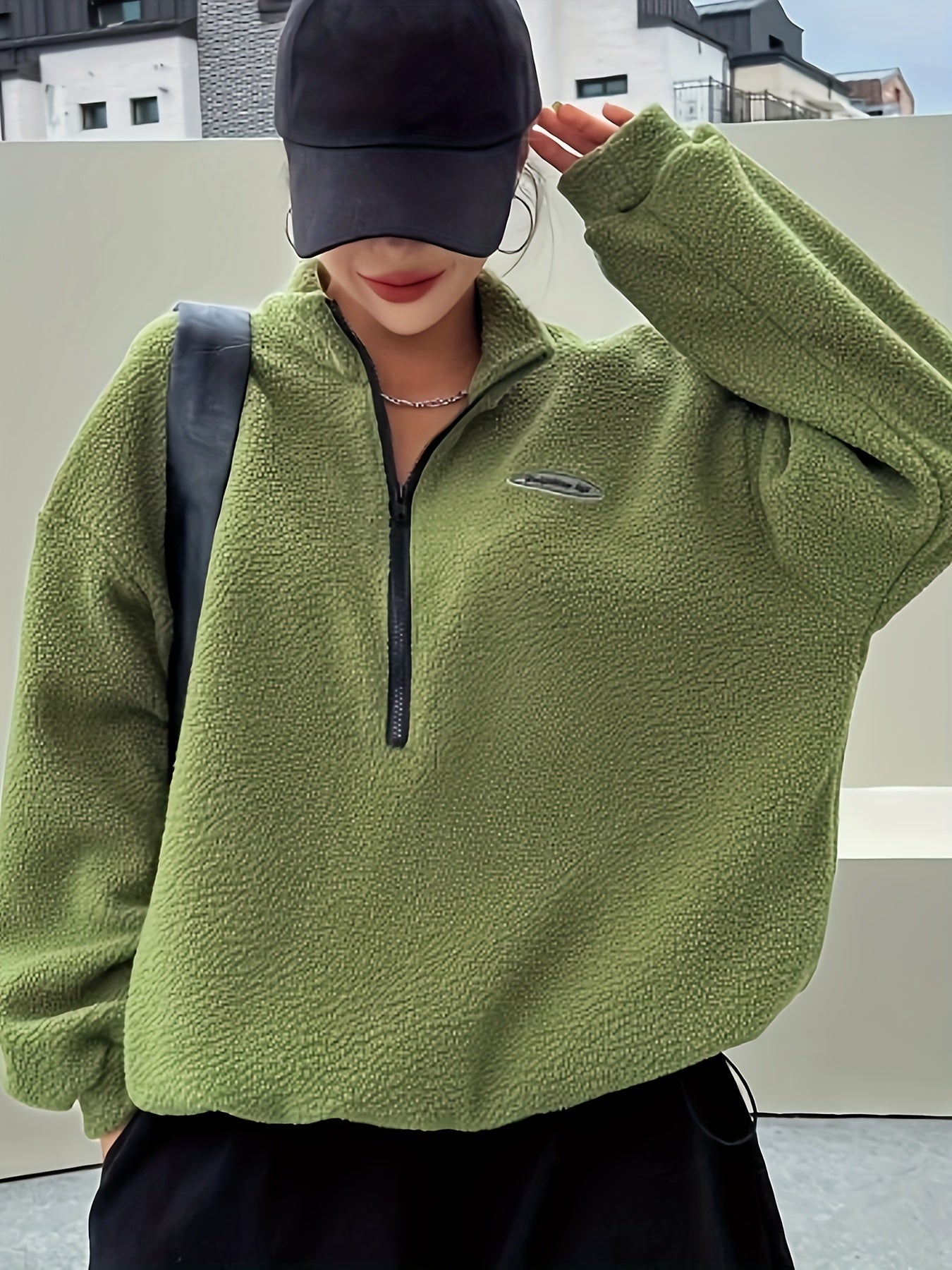 Solid Zip Front Plush Pullover Sweatshirt, Casual Long Sleeve Sweatshirt, Women's Clothing