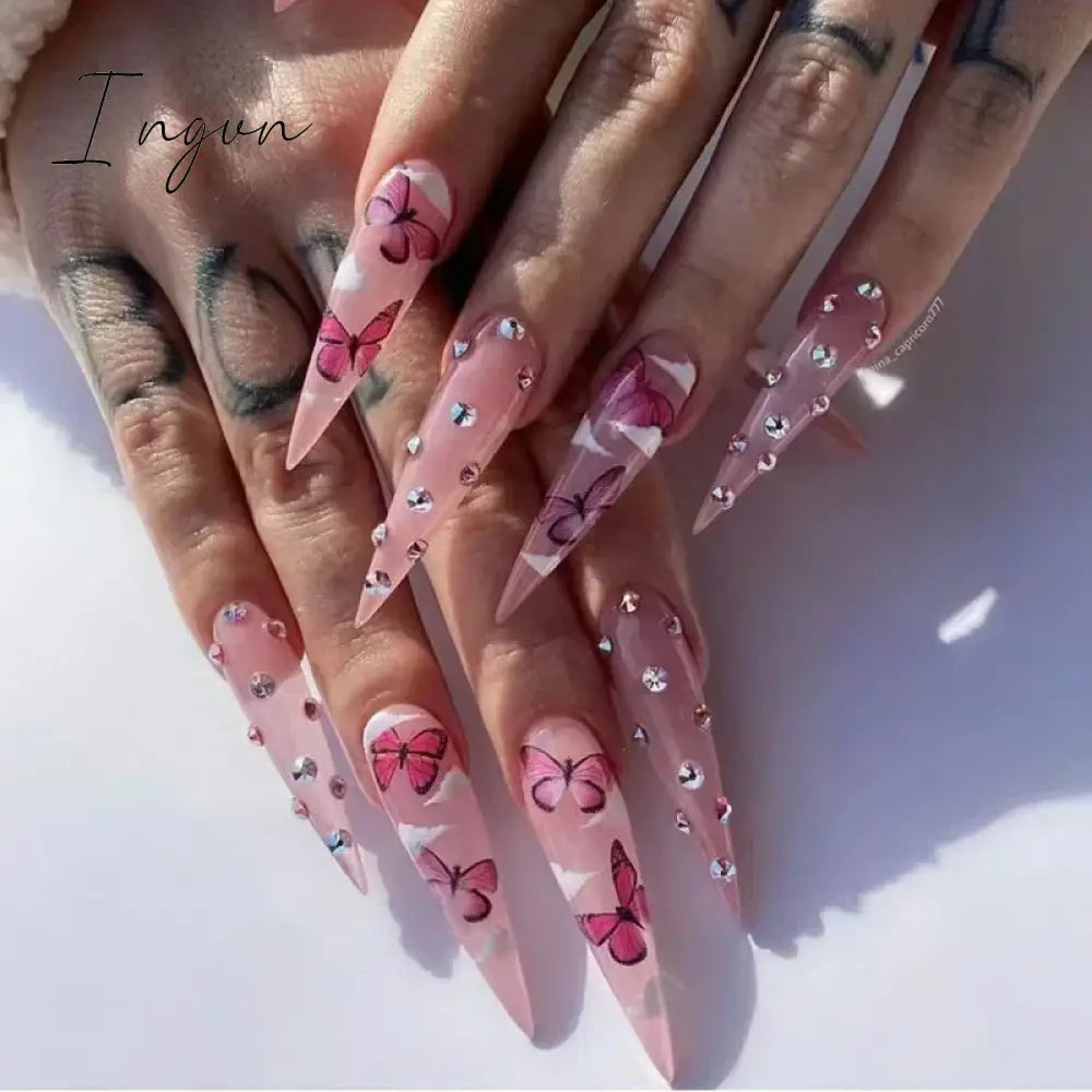 24Pcs False Nails With Glue Almond Pink Butterfly Design Detachable Rhinestones Acrylic Fake Nails long stiletto Press On Nails