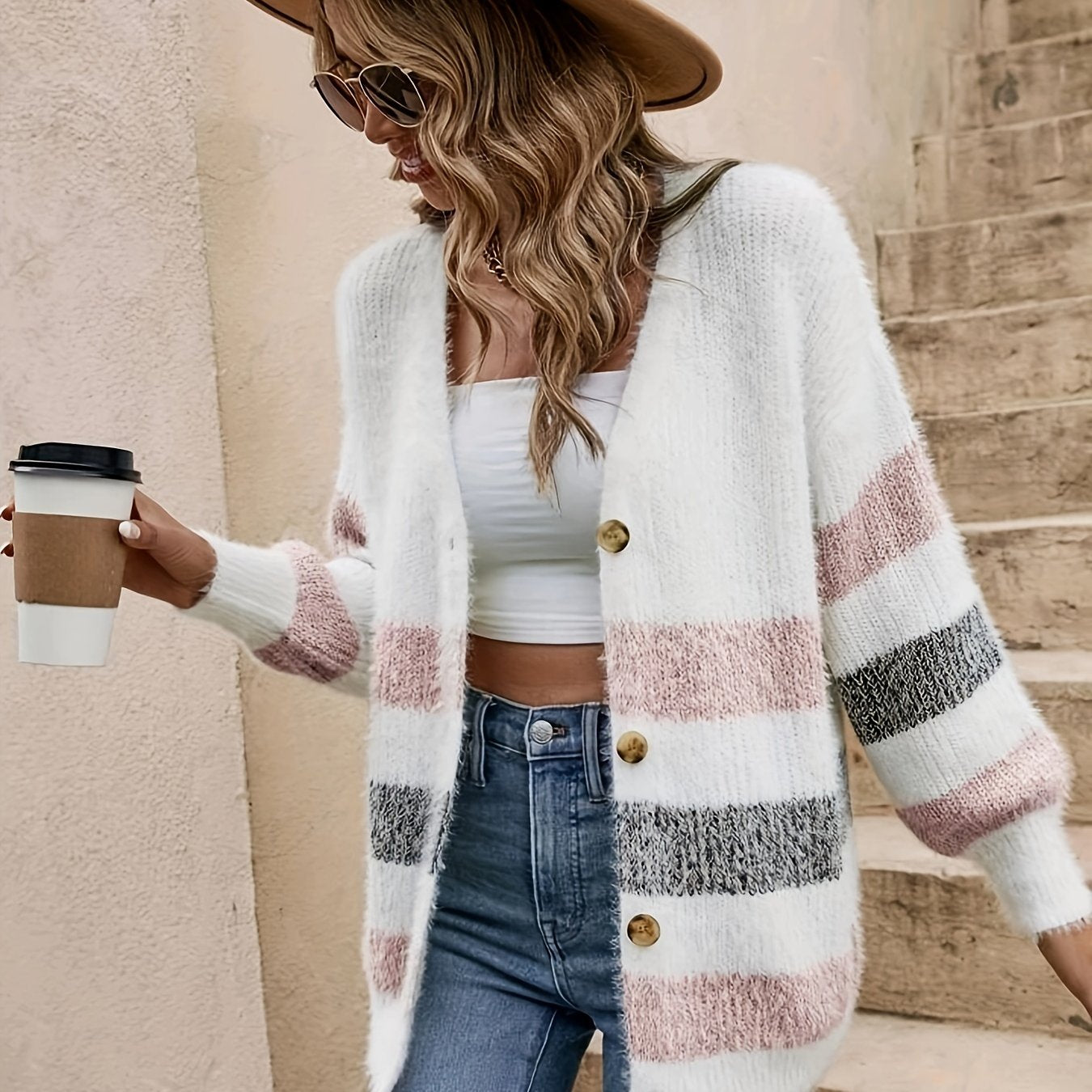 Color Block Knit Cardigan Sweater - Soft, Casual, Long Sleeve, V Neck, Women's Clothing - Perfect for Daily Wear, Outdoor Activities, and Layering