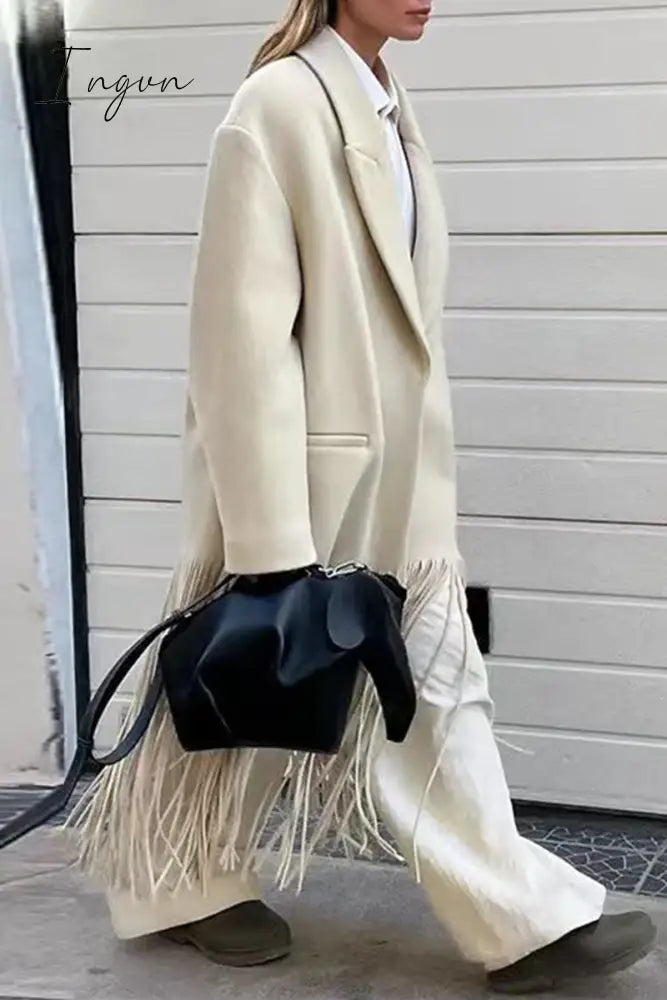 Ingvn - British Style Elegant Solid Tassel Turn-back Collar Outerwear