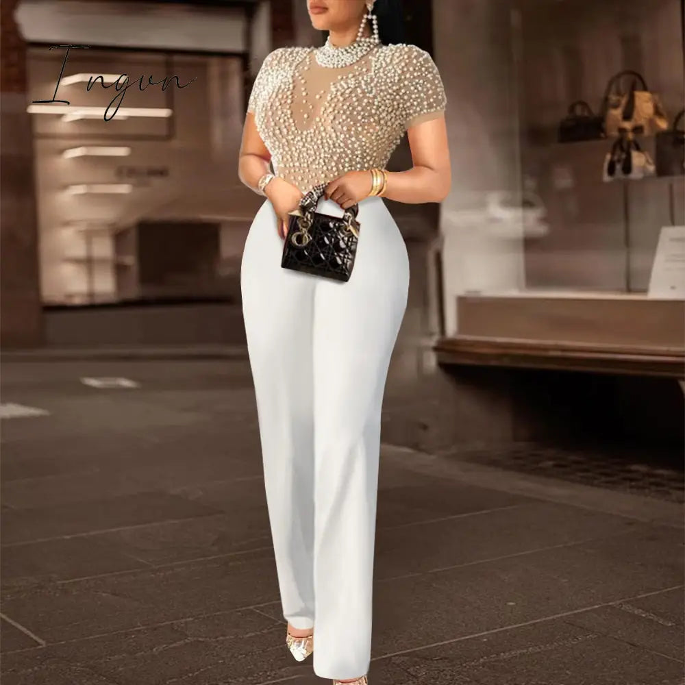 Ingvn - Jumpsuit for Women Sexy See Through Net Beaded High Collar Short Sleeve Wide Leg One Piece Rompers Cocktail Party Club Wear