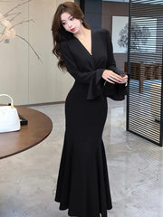 Korean Sexy Mermaid Dress for Women V-Neck Flare Long Sleeves Ruffles Party Dresses Autumn Female Slim Waist Vestidos Long Robe