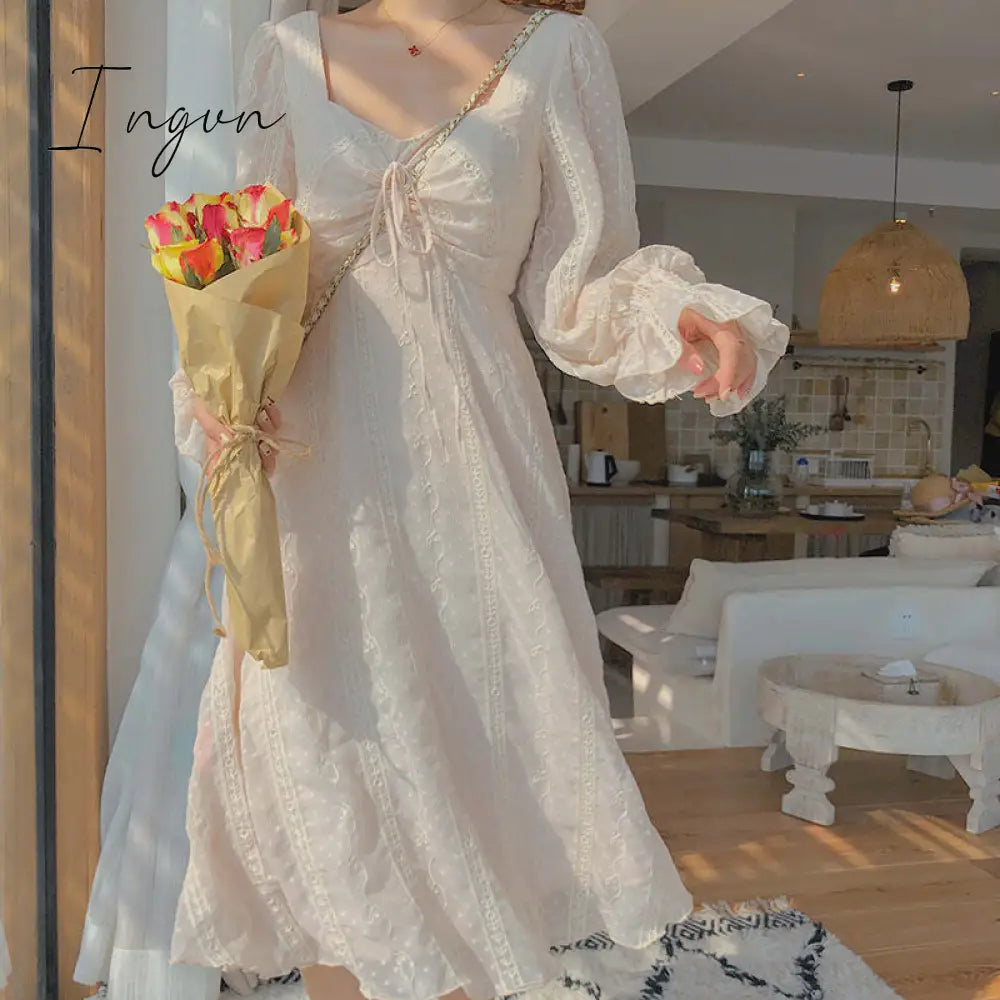 Ingvn - Vintage Fairy Dress Women Elegant Designer Chiffon Dress Long Sleeve French Party Midi Dress Casual Women's Clothing Autumn