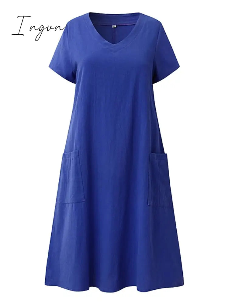 Ingvn - Women's Casual Dress Shift Dress Midi Dress Black Yellow Light Green Short Sleeve Pure Color Pocket Summer Spring V Neck Basic Vacation Summer Dress Spring Dress Loose Fit 2023 S M L XL XXL 3XL 4XL