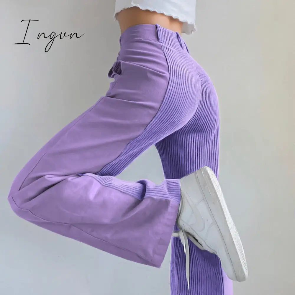 Ingvn - Solid Corduroy Pants Women Warm Casual Patchwork Winter Trouser Straight Leg Pant Sweatpants Pantalon Comfortable Streetwear
