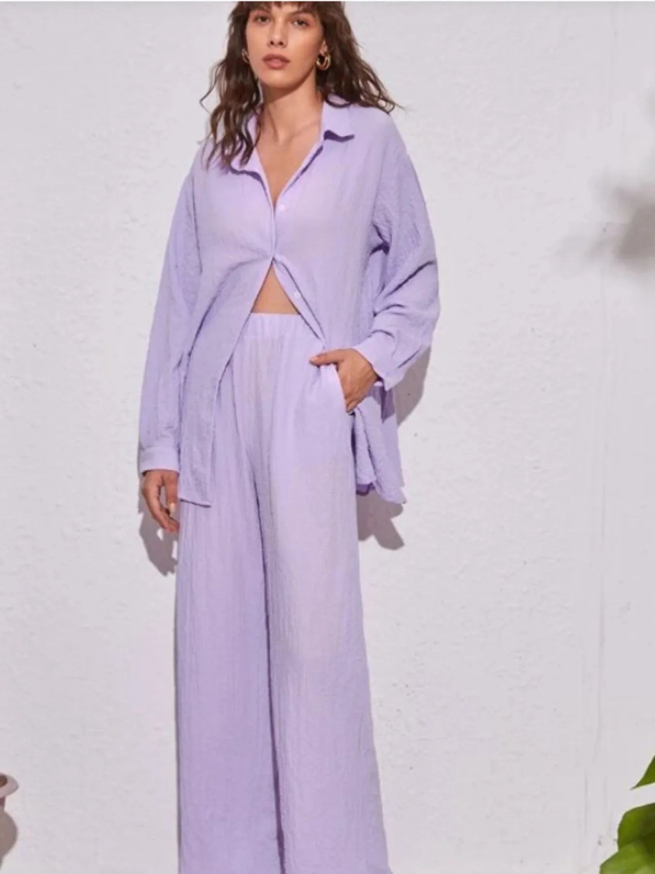 Button Up Long Sleeve Shirt and Pants Set