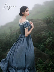 Ingvn - Women Pink Dress Summer Vintage Elegant Slim European Romance Blue Dress Retro Lace Sexy Slash Neck Casual Everyday Midi Dress