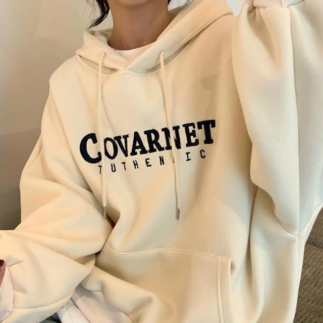 Autumn Winter Girl Korean Version Oversized Hoodies Street Style Letter Embroidery Sweatshirt Fleece Thick Pullover Tops Femmes