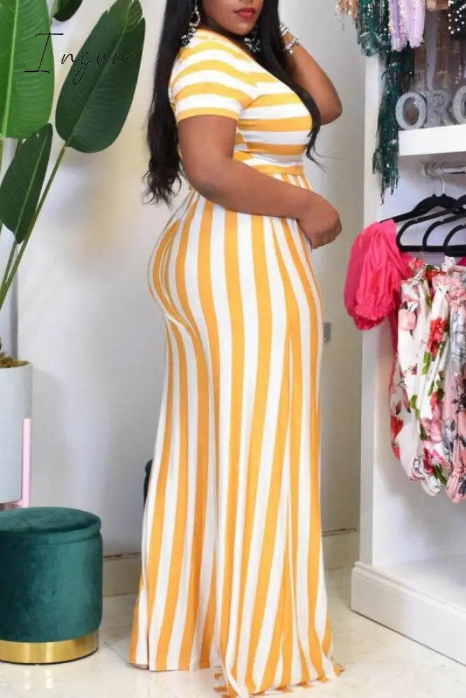 Ingvn - Yellow Casual Striped Print Patchwork O Neck Plus Size Two Pieces
