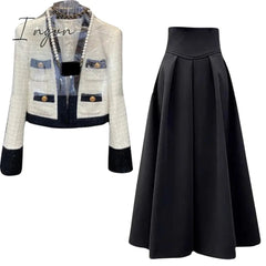 Ingvn - 2023 New Little Fragrance Two Piece Set Streetwear Stylish V-Neck Tweed Jacket+High Waist A-Line Skirt With Split Wide Leg Pants
