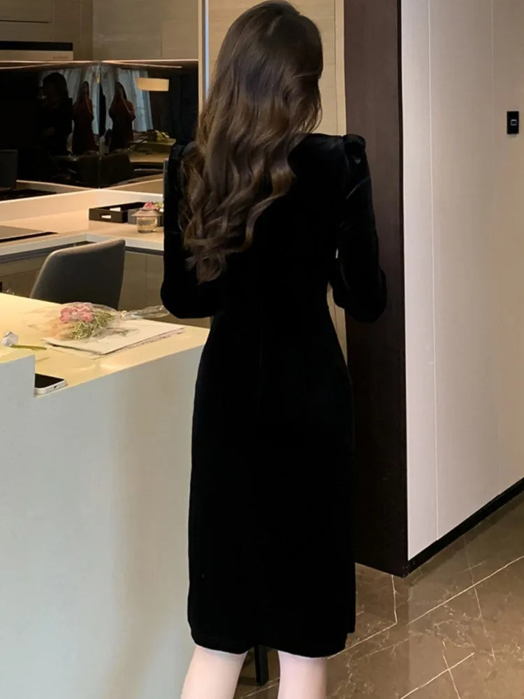 Vintage Bodycon Velvet Party Dresses for Women Elegant Slim Slit Evening Prom Vestidos Autumn Female One Piece Black Clothes New
