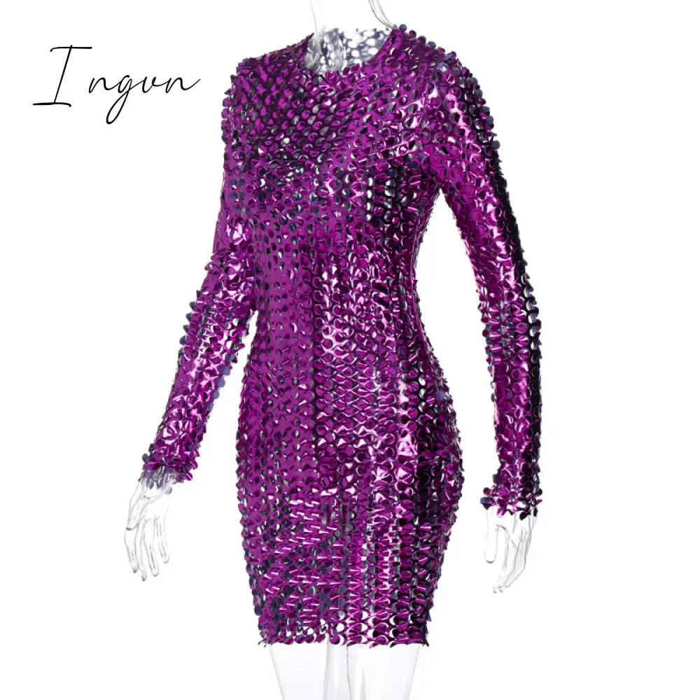 Ingvn - Long Sleeve Cut Out Solid Skinny Sexy Mini Dress Autumn Winter Women Fashion Party Club Elegant Outfits