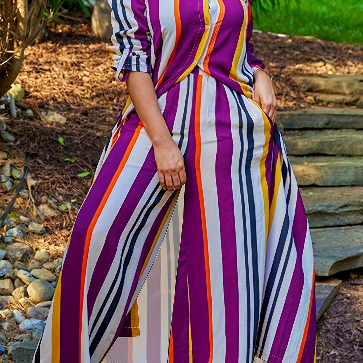 Plus Size Casual Outfits Set, Women's Plus Colorblock Stripe Print Button Up Long Sleeve Turn Down Collar Blouse & Wide Leg Pants Outfits 2 Piece Set