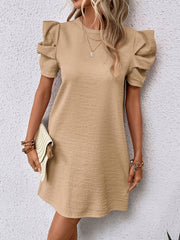 Chic Puff Sleeve Spring & Summer Dress - Women's Elegant Crew Neck Midi, Breathable Comfort for Day-to-Night Sophistication