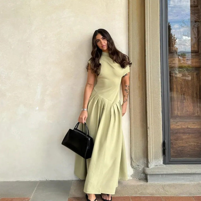 women's explosion round neck slanted shoulder short sleeve big dress