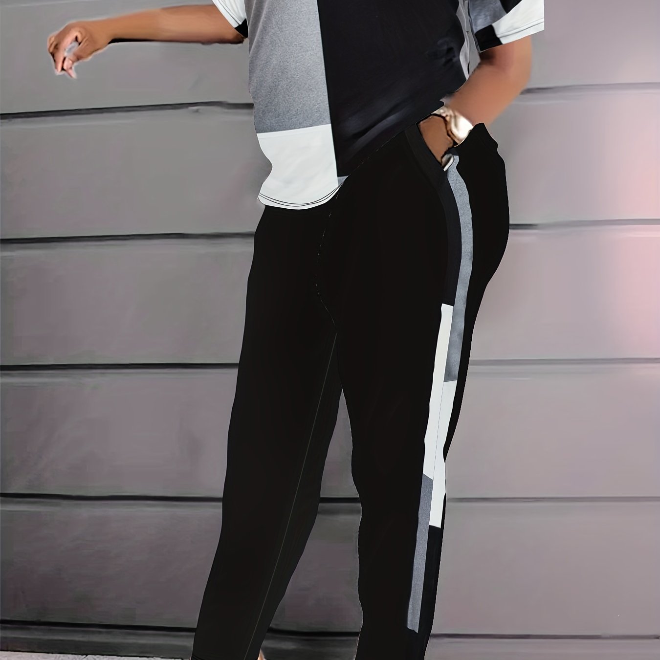 Plus Size Casual Outfits Set, Women's Plus Colorblock Geometric Print Long Sleeve Round Neck Top & Pants With Pockets Outfits 2 Piece Set