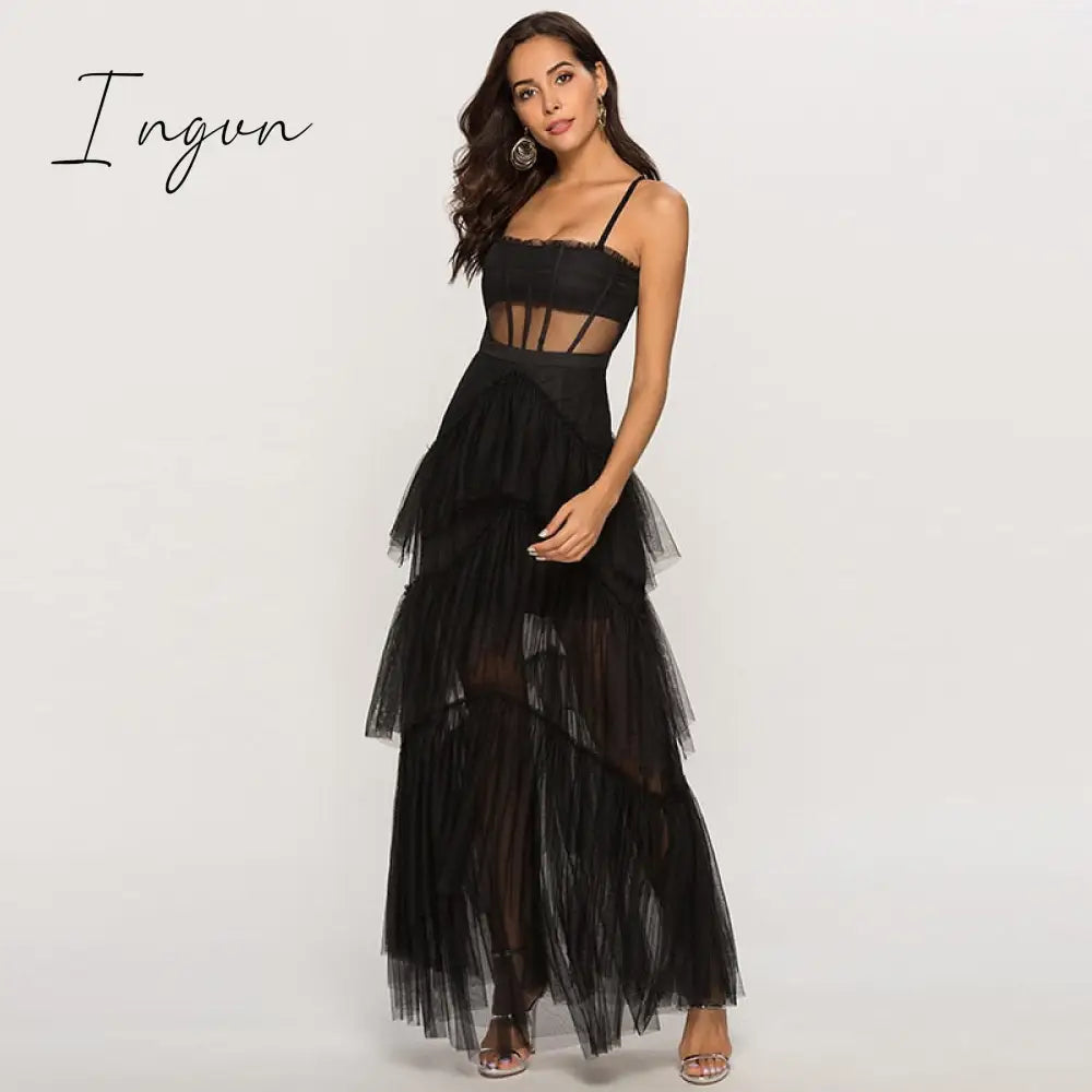 Ingvn - Womens Fashion Summer Sling Long Lace Dress Women Hollow Stitching Sexy Bubble Dress Backless Sleeveless Plus Size White Party Elegant Clothes