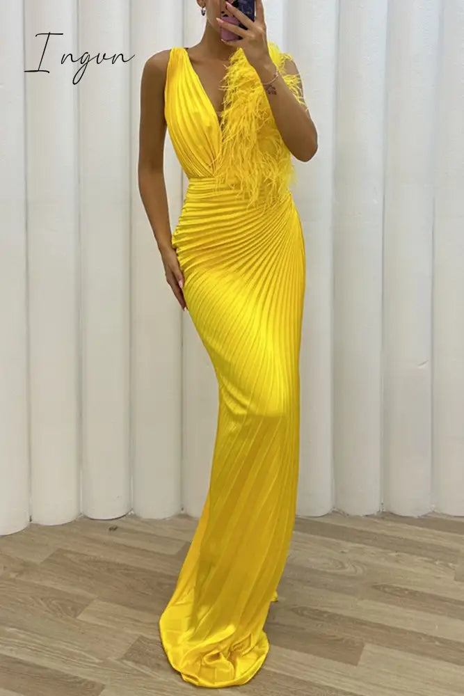 Ingvn - Sexy Solid Patchwork Pleated V Neck Long Dress Dresses