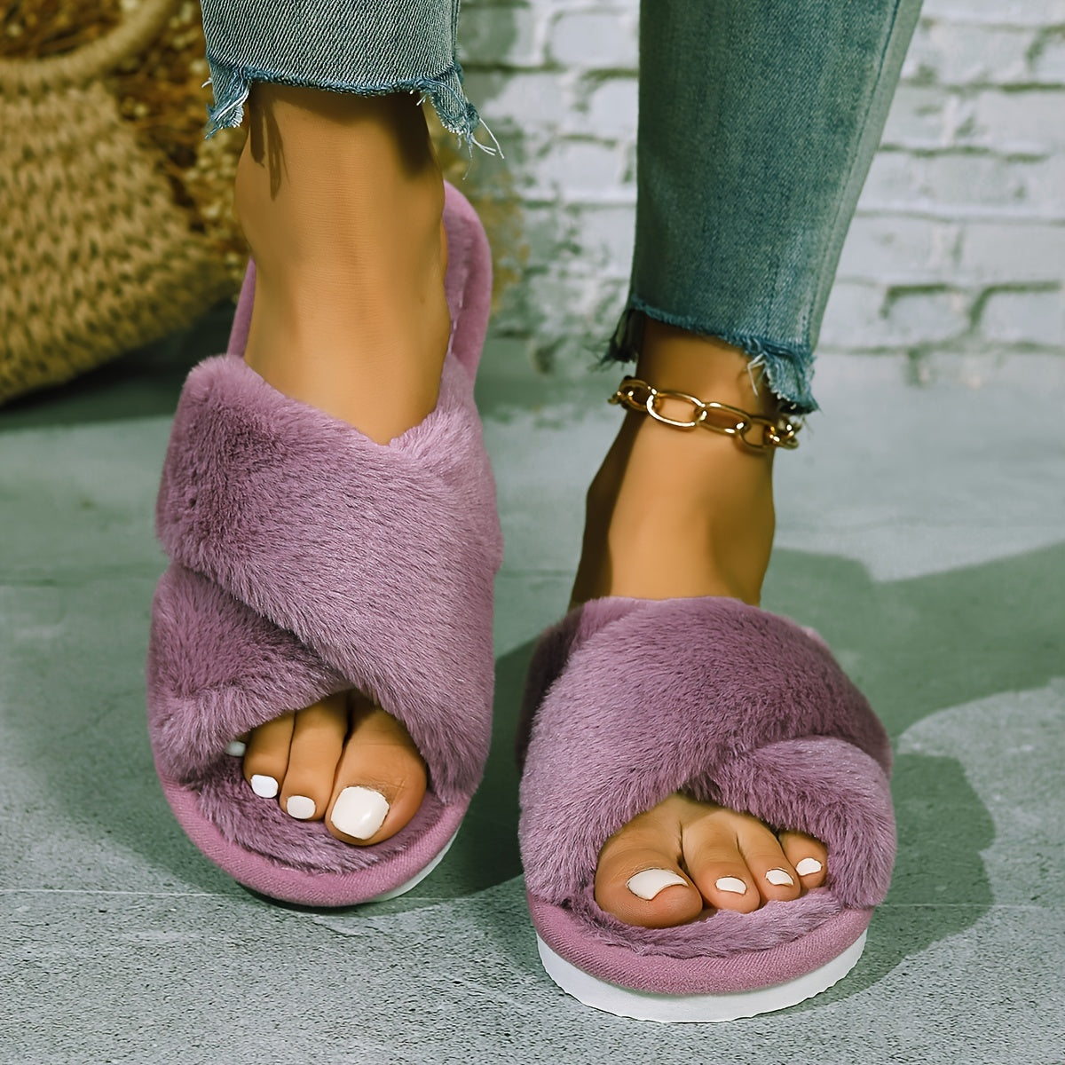 Cozy Faux Fur Slippers - Plush Cross-Band, Open-Toe Design, Comfy Soft-Sole for Indoor Warmth