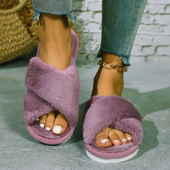 Cozy Faux Fur Slippers - Plush Cross-Band, Open-Toe Design, Comfy Soft-Sole for Indoor Warmth