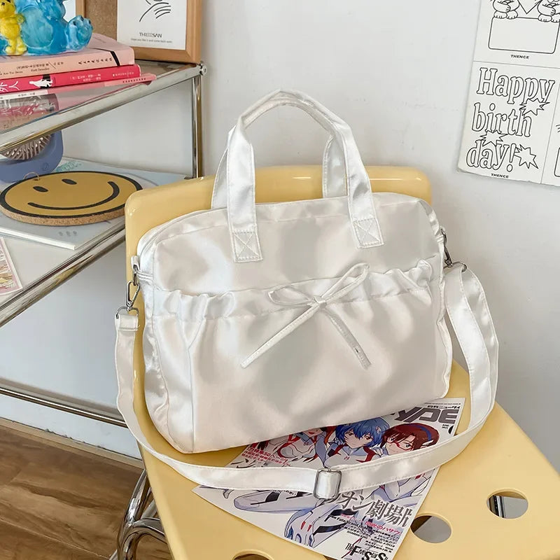 Ingvn  Cute Elegant Womens Shoulder Bag Pink Pleated Bow College Style Tote Bag Aesthetic Literary Casual Daily New Ladies Handbag