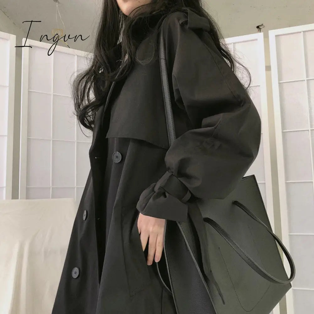 Ingvn - Chic Women Trench Coat Casual Women's Long Outerwear Loose Overcoat Autumn Winter Fashion Double-breasted Windbreaker Femme
