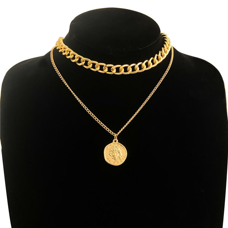 Retro Portrait Exaggerated Thick Chain Necklace Double Layer Cool Chain Hip Hop Necklace Short Clavicle Chain Accessories