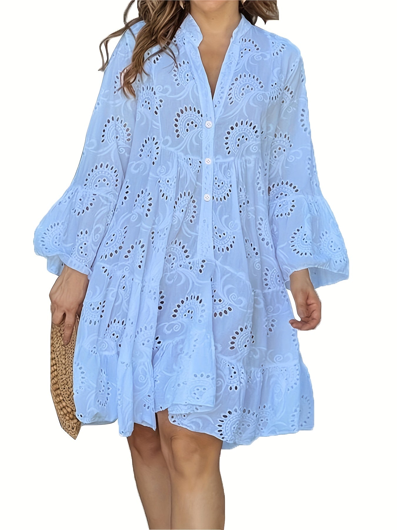 Elegant V Neck Hollow Ruffle Hem Flared Sleeve Dress, Women's Solid Wedding Clothing